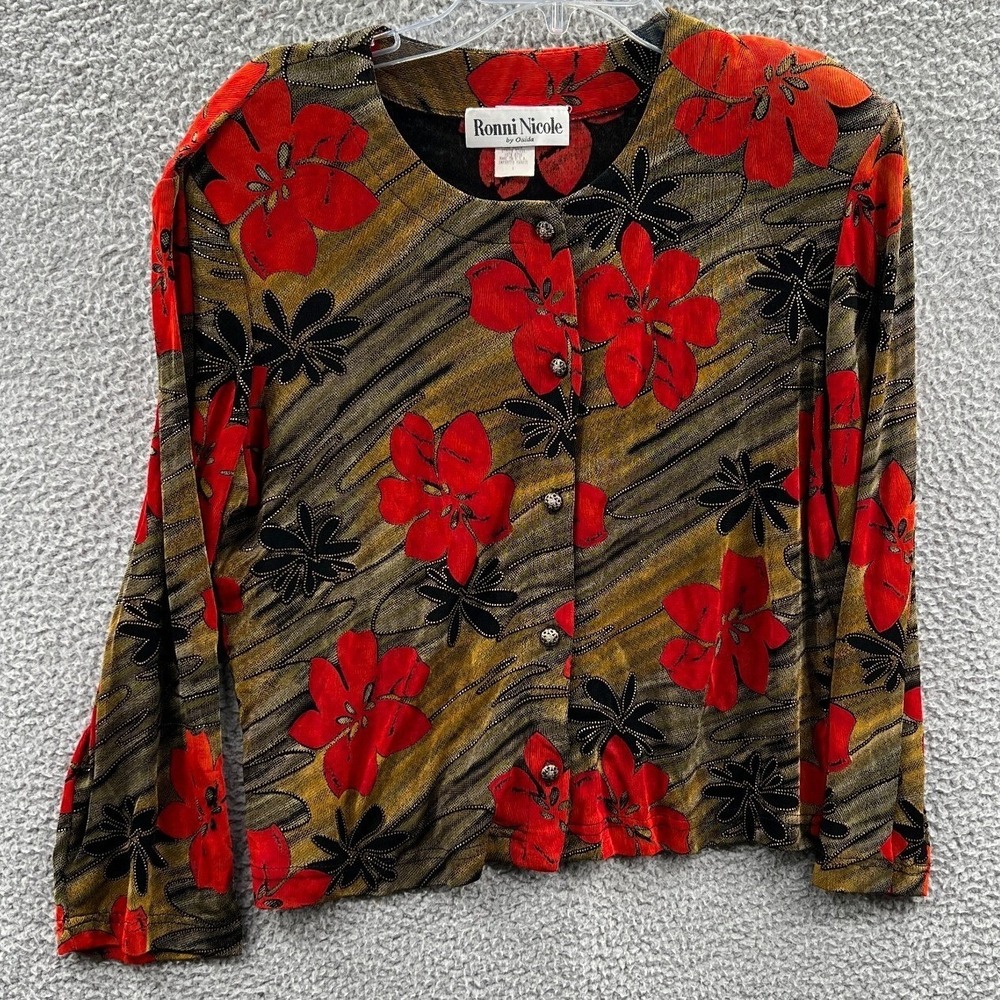 Vintage Womens Floral Cardigan L Artsy Statement Button Front Abstract Retro 90s